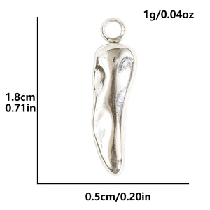 Detailed dimension view of a 304 stainless steel chili pendant 1.8cm long and 0.5cm wide