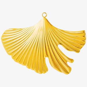Macro detail of golden ginkgo leaf pendant with fine vein texture and top connector ring