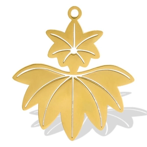 Detail view of gold-plated stainless steel hollow leaf pendant with fine cutout lines