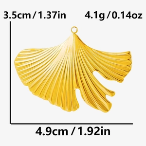 Detailed size chart of a golden stainless steel ginkgo leaf pendant with clear texture