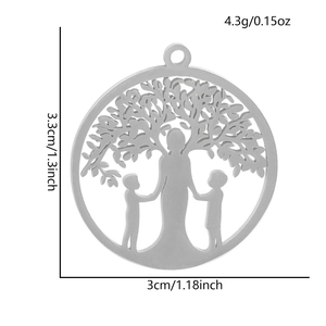 Detaillierte Maße des Lebensbaum-Anhängers aus 304 Edelstahl mit Familiensilhouette