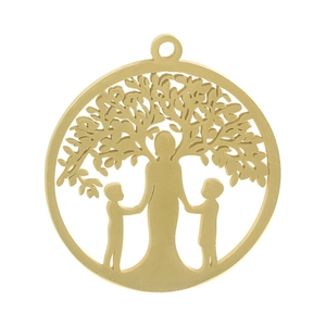 Goldener 304 Edelstahl Baum des Lebens Anhänger mit Mutter und zwei Kindern Motiv