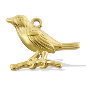 Macro detail of bird pendant in 18k gold plated stainless steel on a white background