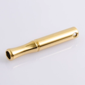 Polished gold 304 stainless steel whistle pendant showing a 45-degree angle detail