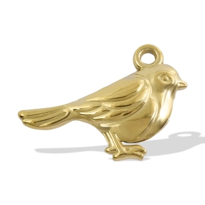 Macro shot of 18k gold plated stainless steel bird pendant with detailed textures