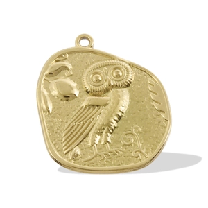 Macro detail of owl embossed 18k gold plated 304 stainless steel coin pendant