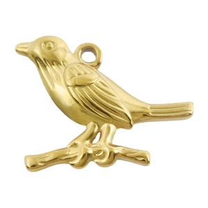 Polished 18k gold plated 304 stainless steel bird on branch pendant with intricate feather details