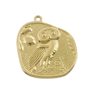 304 Stainless steel owl pendant with 18k gold plating and embossed coin design