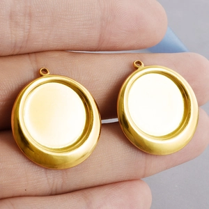 Golden stainless steel round pendant base for DIY jewelry making with hanging loop