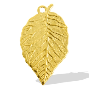 Detailed macro view of a gold-plated stainless steel leaf pendant for DIY jewelry