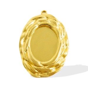 Close-up of golden oval pendant base with braided edge and polished finish for DIY jewelry