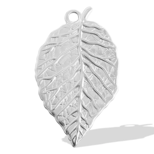 Macro detail of 304 stainless steel leaf pendant showing realistic leaf vein textures