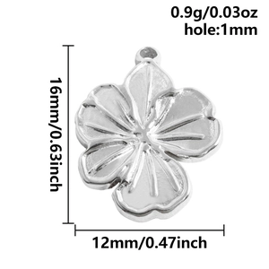 Technical size chart for a 304 stainless steel flower pendant with 16mm height and 1mm hole