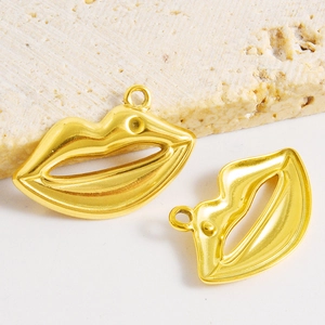 Glossy gold hollow lip pendants in 304 stainless steel with top loop for jewelry making