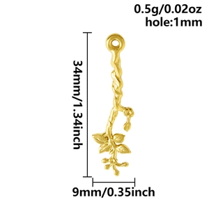 Macro detail of gold flower branch pendant with size measurements and leaf carvings