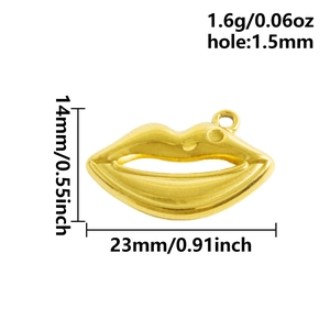 Technical view of 23mm gold lip pendant showing precise size and 1.5mm hole diameter