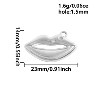 Detailed specs of the 304 stainless steel lip pendant showing 23mm width and 1.6g weight