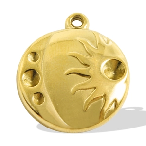 Detail of 18k gold plated 304 stainless steel pendant with sun and moon relief engraving