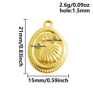 Detail showing 21x15mm shell textured 18k gold pendant with weight and hole size specs