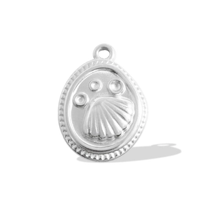 Macro view of oval stainless steel scallop pendant with detailed relief and top hanging loop