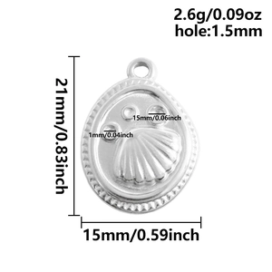 Macro detail of 304 stainless steel shell pendant with precise dimension markers