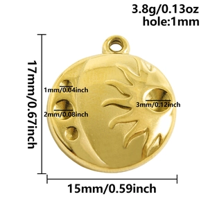 Technical size chart for 18k gold plated sun and moon stainless steel pendant with measurements