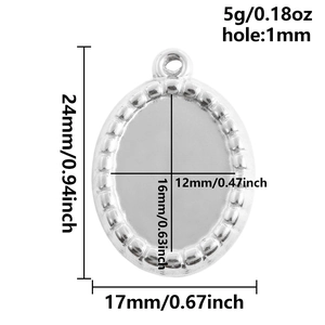 Detailed oval stainless steel pendant base with beaded edge and size measurements