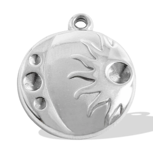 Detail of 304 stainless steel round pendant with sun and moon relief carvings