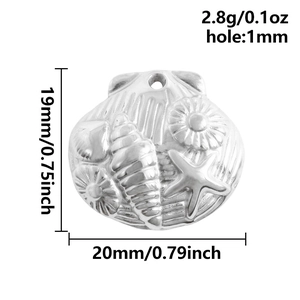 Détails d'un pendentif coquillage argenté avec dimensions et motif étoile de mer