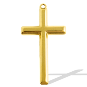 Detailed view of a minimalist 304 stainless steel golden cross pendant with a polished finish