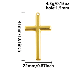 Detailed size specifications of the minimalist golden stainless steel cross pendant