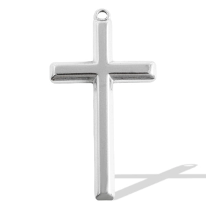 Detailed macro view of polished 304 stainless steel silver cross pendant with top loop