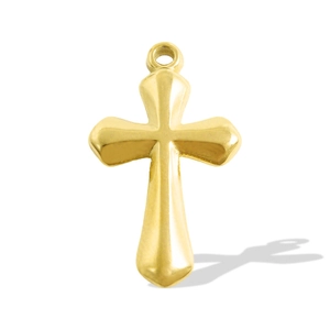 Close-up of a polished 18K gold-plated stainless steel Latin cross pendant with top loop
