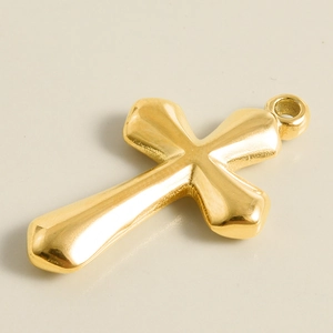 Polished 18K gold-plated stainless steel cross pendant with hanging ring detail