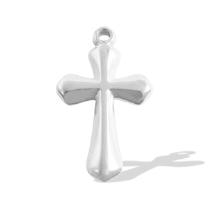Close-up of a polished stainless steel cross pendant with a mirror finish and a round ring