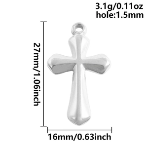 Macro view of 304 stainless steel cross pendant with detailed size dimensions