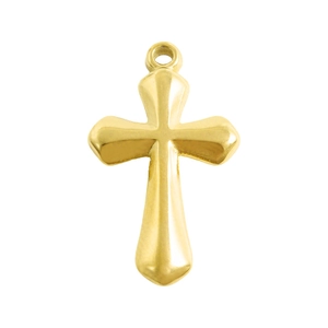 Polished 18K gold plated 304 stainless steel cross pendant with rounded edges on white background