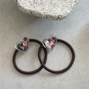 Élastiques à cheveux avec cœur en cristal contrasté rose et marron foncé haute élasticité