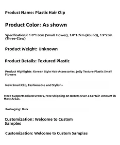 Detailed size specifications for flower, oval and three-claw plastic hair clips