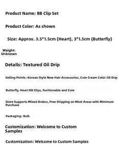 Size specifications for cream bow and heart hair clips with oil-dripping texture details