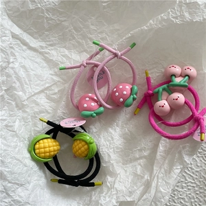Cute Cartoon Fruit Vegetable Resin Pendant Hair Ties For Kids Girls Strawberry Cherry Corn Carrot Elastic Hair Rope Set