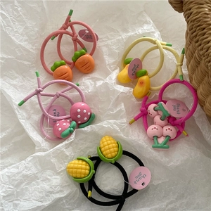 Cute fruit hair ties set for kids with strawberry and carrot resin charms on elastic bands
