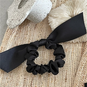 Elegant Black Satin Finish Bow Scrunchie Long Ribbon Hair Tie Large Pleated Ponytail Holder Handmade Fabric Hair Accessories