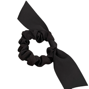 Elegant black satin bow hair scrunchie with long ribbons for women stylish hair accessory