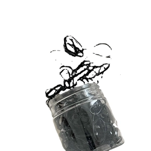 Solid black high-elasticity disposable hair ties in a clear plastic storage jar