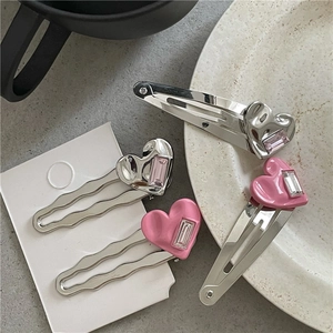 Pinces à Cheveux en Alliage Strass Forme de Cœur Doux Rose Argent Bec de Canard BB Clips pour Femmes Filles Quotidien Fête