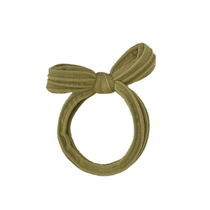 Olive green velvet bow hair tie with vertical ribbed texture for high elasticity ponytail