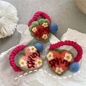 Three cute wool felt heart hair ties with flower embroidery and spring lettering