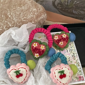 Handmade Wool Felt Heart Hair Ties Cute Plush Hair Rope Colorful Pom Pom Ponytail Holder Sweet Autumn Hair Accessories For Girls