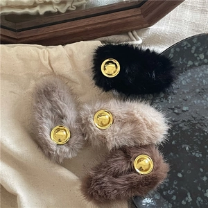 Faux mink fur hair clips in four colors with luxury gold round metal buckle accents